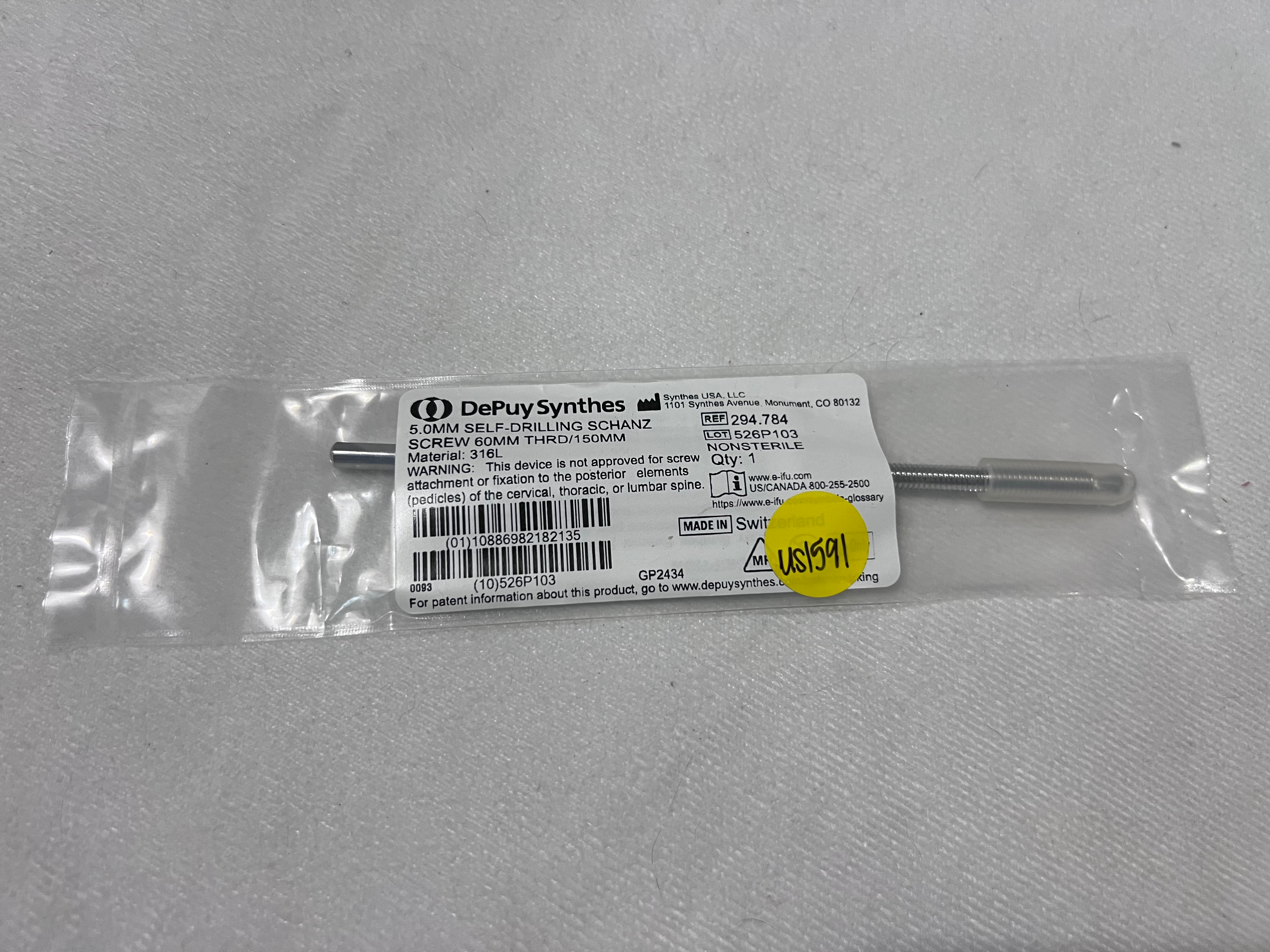 294.784 NEW 5mm Self-Drilling Schanz Screw 60mm Thread US1591