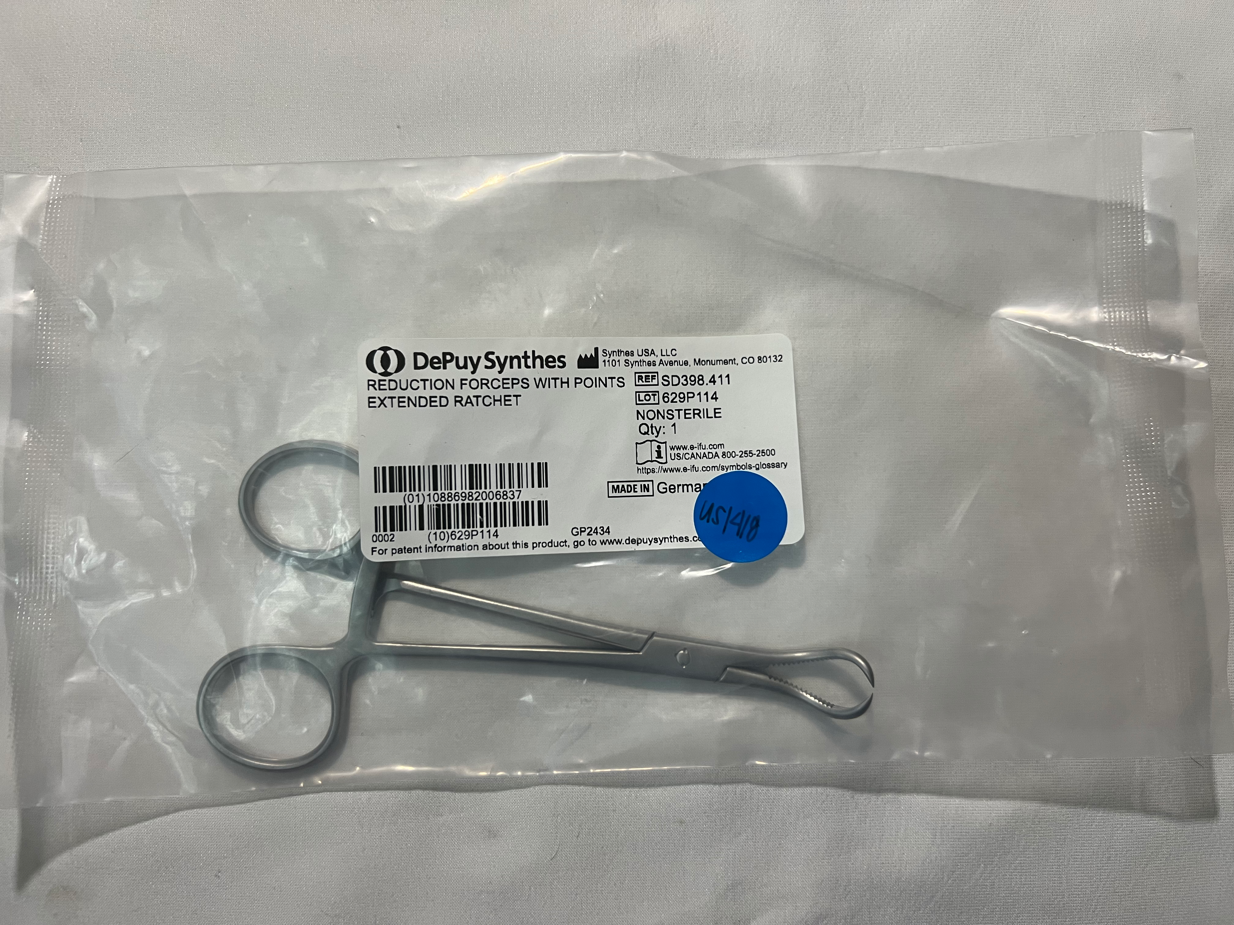 SD398.411 Reduction Forceps w/ Points & Extended Ratchet US1418